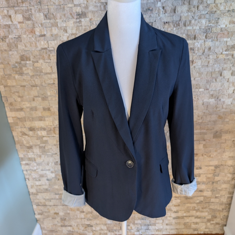 Stradivarius Navy Blue Single Button Blazer with Polka Dot Lining Sz M Academia
